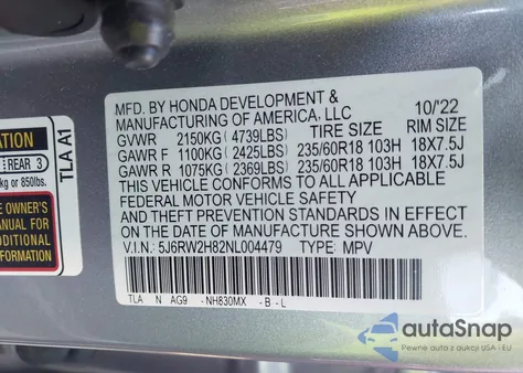 2022 Honda Cr-V Awd Ex-L z USA, uszkodzony, nr VIN 5J6RW2H82NL004479